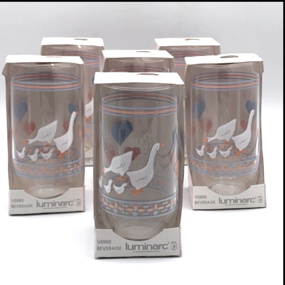 Vintage 80s Hearts and Geese Luminarc 
Beverage Drinking Glasses Set of 6 - Picture 1 of 8